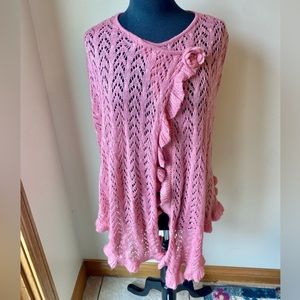 KIKIT Cape Knit Pink Rose Floral Ruffle Open Weave Vintage Caplet Poncho NWT